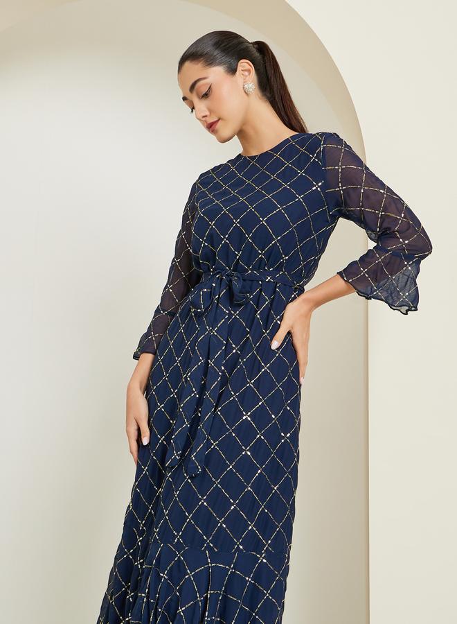 ستايلي فستان طويل مزين بالترتر بأكمام 3/4 - Image 2